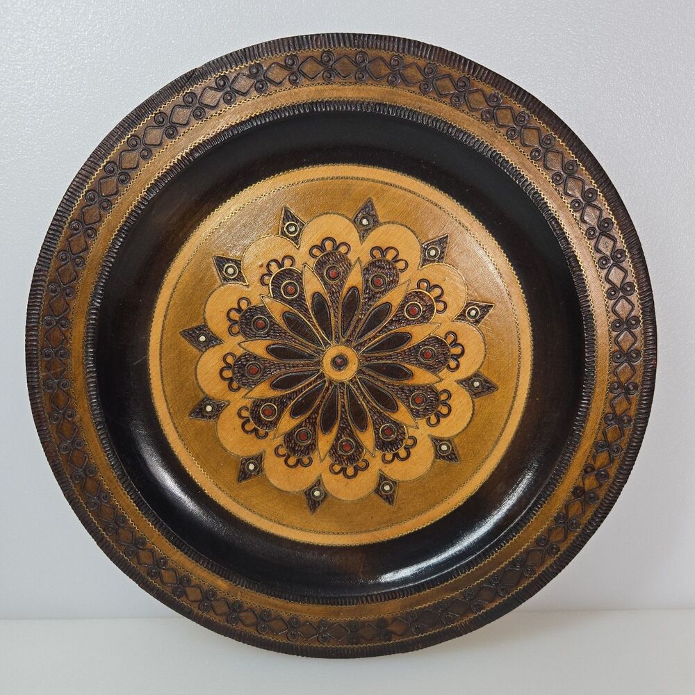 Vintage Poland Folk Art Wooden Plate Wall Art Hand Carved Pyrography 10.25"